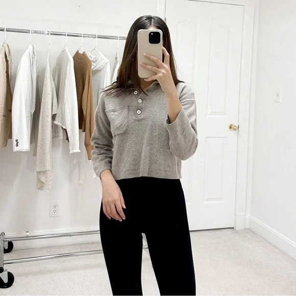 Everlane The ReCashmere Button Mockneck Crop Sweater in Heathered Sand